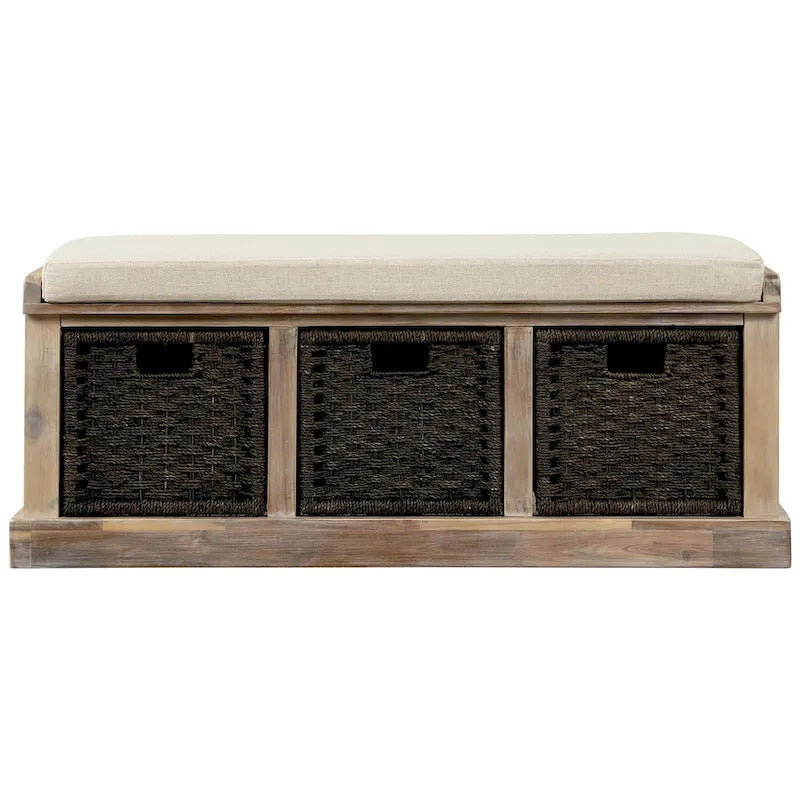 Rustic Storage Bench with 3 Removable Classic Rattan Basket , Entryway Bench with Removable Cushion