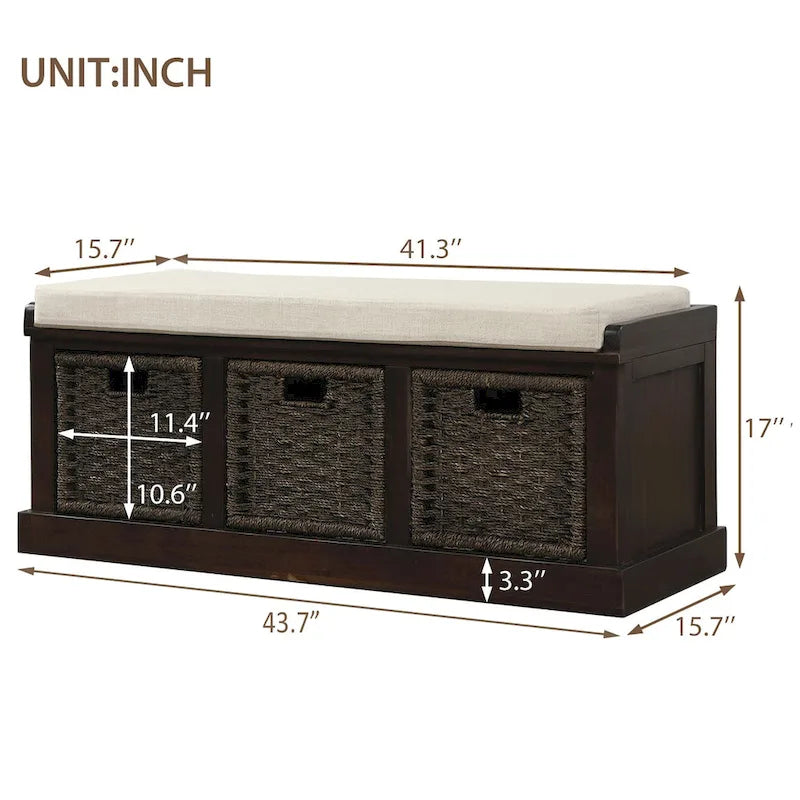 Rustic Storage Bench with 3 Removable Classic Rattan Basket , Entryway Bench with Removable Cushion