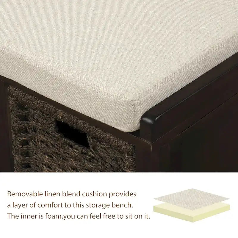 Rustic Storage Bench with 3 Removable Classic Rattan Basket , Entryway Bench with Removable Cushion