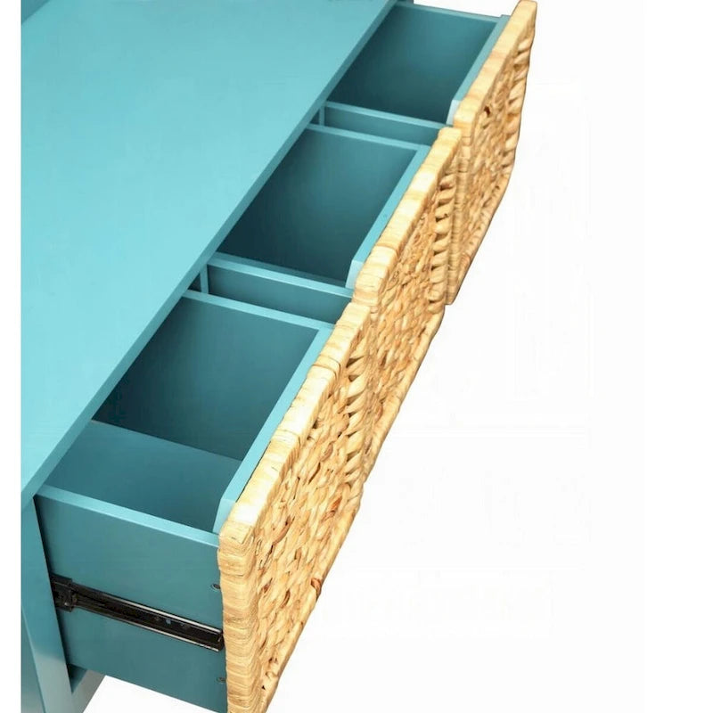 Rechteckige Holzbank mit Aufbewahrungskorb, Blau