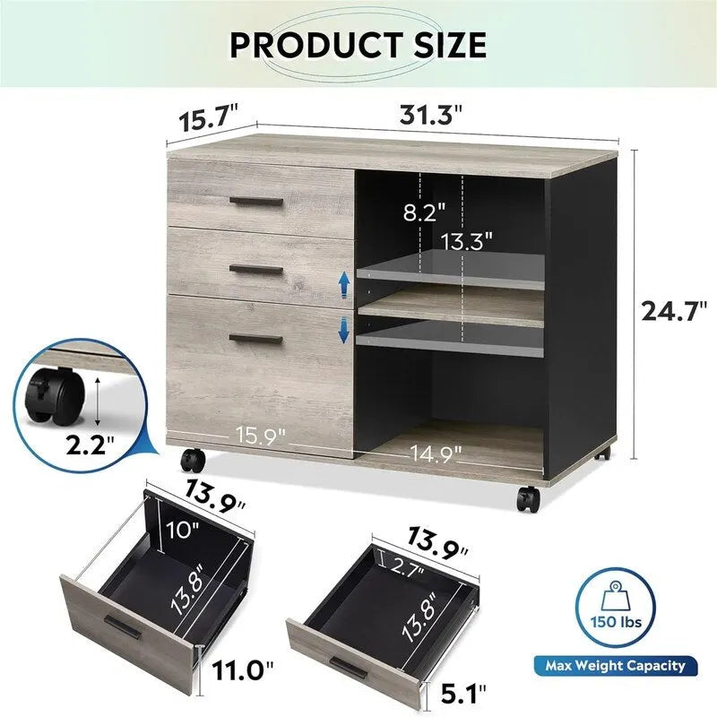 3-Schubladen-Holzaktenschrank – 15,7T x 31,3B x 24,7H
