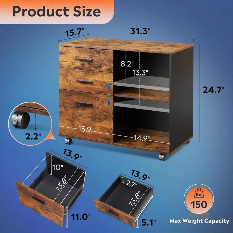 3-Schubladen-Holzaktenschrank – 15,7T x 31,3B x 24,7H