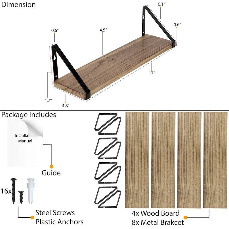 17-Inch Long 4.5 Deep Wooden Floating Kitchen Shelves