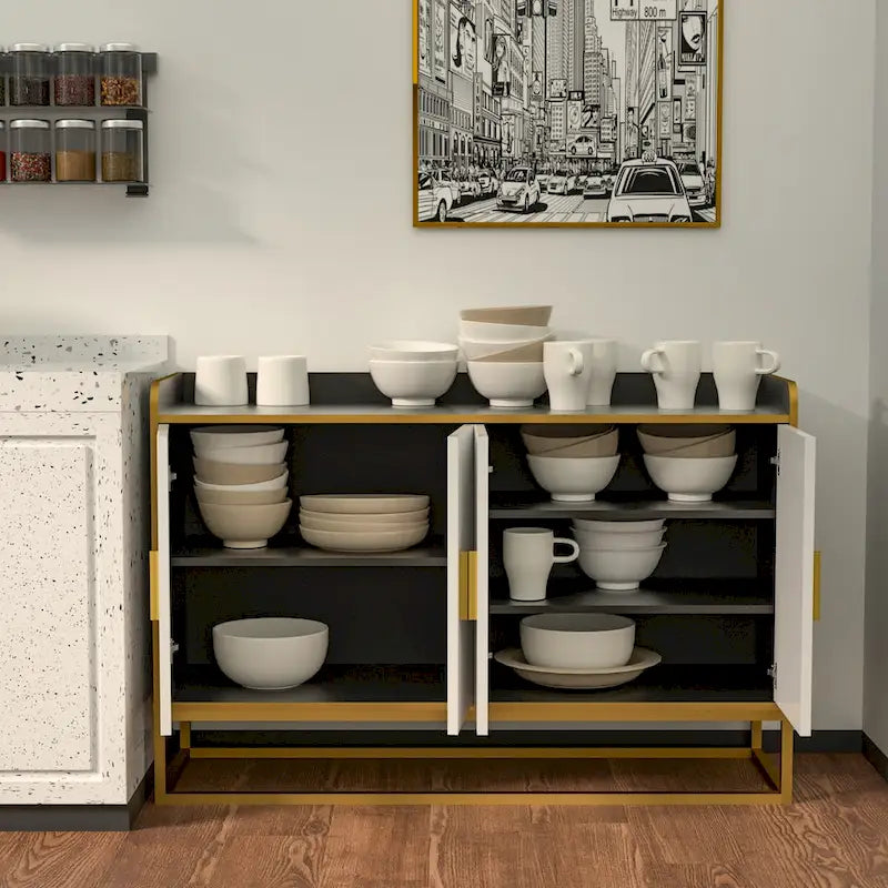 Modernes Büffet Sideboard Schrank Hochglanz mit Metallbeinen für Wohnzimmer Küche (SCHWARZ)