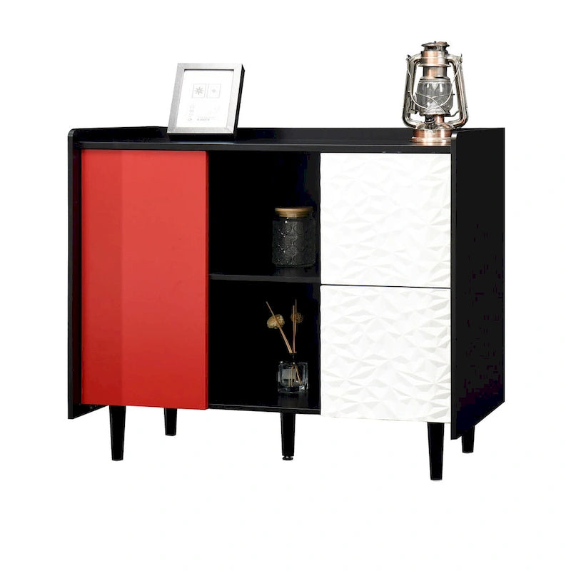 Sideboard Buffet-Schrank, schwarzer Aufbewahrungsschrank mit roten Türen, 2 Schubladen mit einzigartiger Paneel-Optik und 2 offenen Ablagefächern
