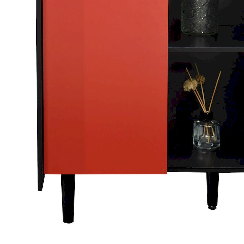 Sideboard Buffet-Schrank, schwarzer Aufbewahrungsschrank mit roten Türen, 2 Schubladen mit einzigartiger Paneel-Optik und 2 offenen Ablagefächern
