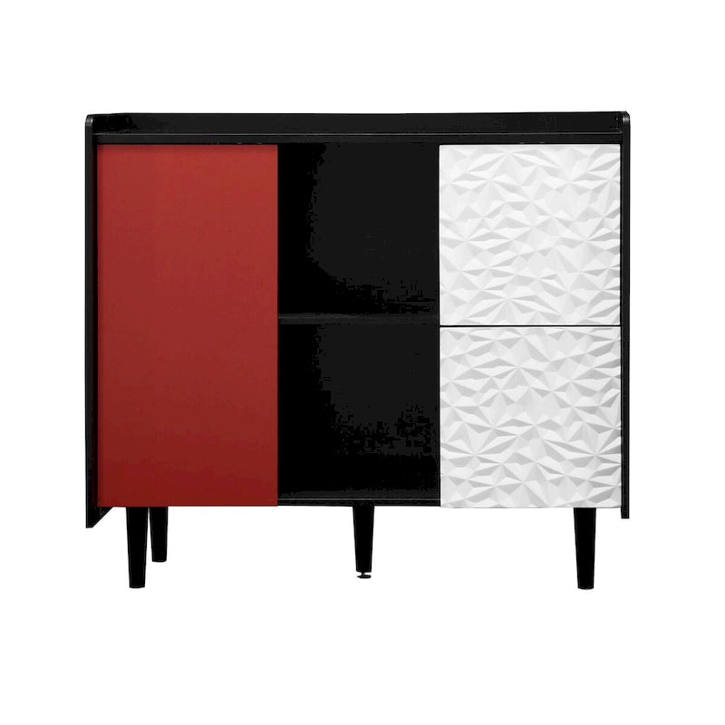 Sideboard Buffet-Schrank, schwarzer Aufbewahrungsschrank mit roten Türen, 2 Schubladen mit einzigartiger Paneel-Optik und 2 offenen Ablagefächern