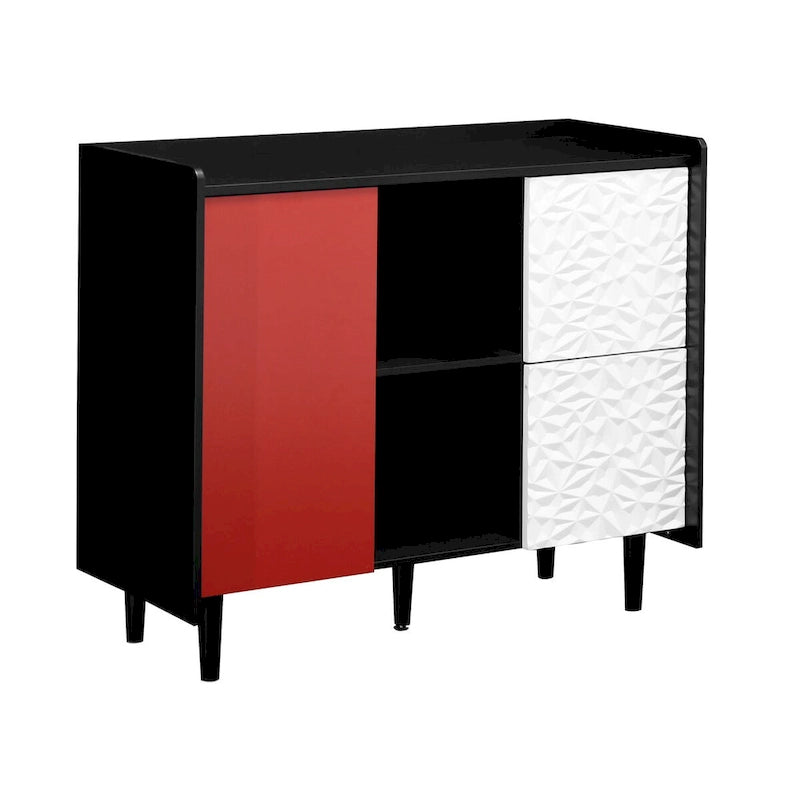 Sideboard Buffet-Schrank, schwarzer Aufbewahrungsschrank mit roten Türen, 2 Schubladen mit einzigartiger Paneel-Optik und 2 offenen Ablagefächern