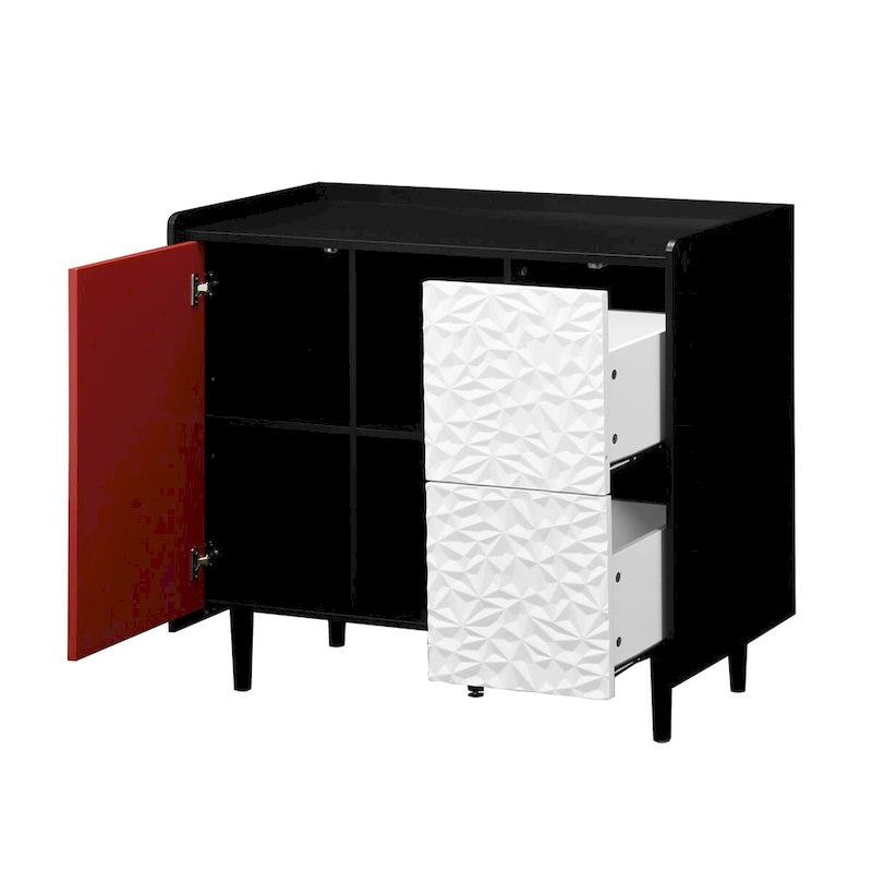 Sideboard Buffet-Schrank, schwarzer Aufbewahrungsschrank mit roten Türen, 2 Schubladen mit einzigartiger Paneel-Optik und 2 offenen Ablagefächern
