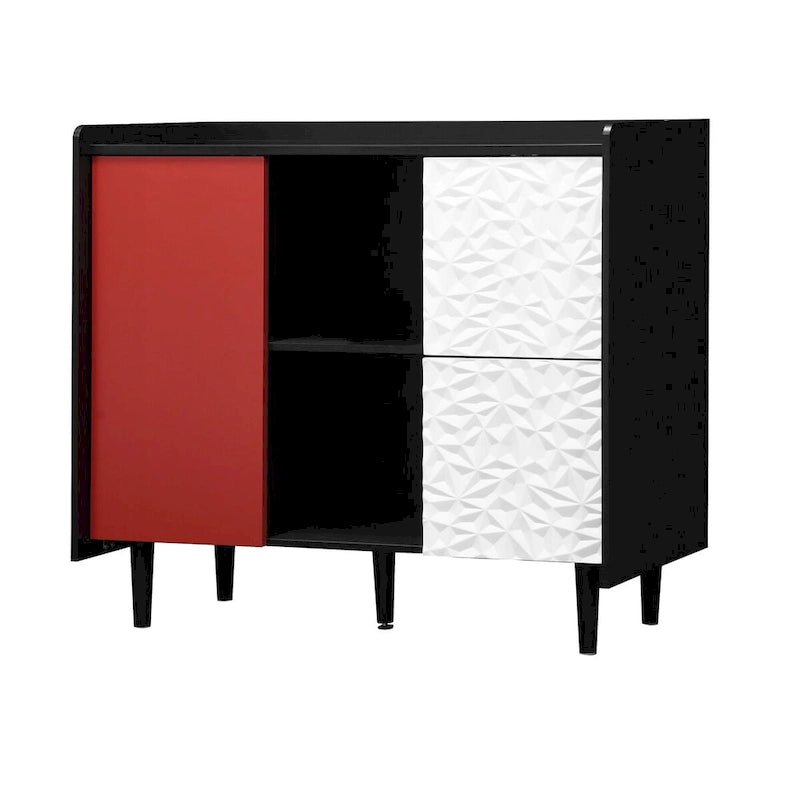 Sideboard Buffet-Schrank, schwarzer Aufbewahrungsschrank mit roten Türen, 2 Schubladen mit einzigartiger Paneel-Optik und 2 offenen Ablagefächern