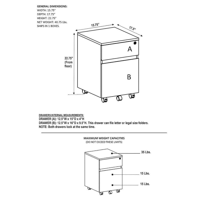 Rolling Two Drawer Storage File Cabinet with Lock