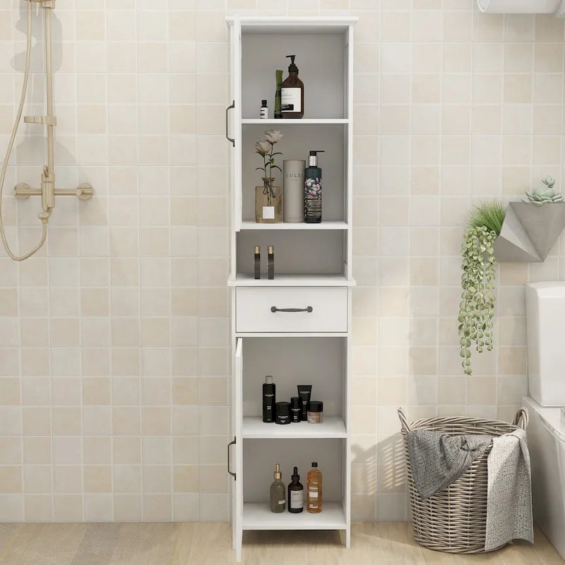 Hoher Badezimmerschrank, schmaler Hochschrank mit Doppeltür, schlanker Stehschrank