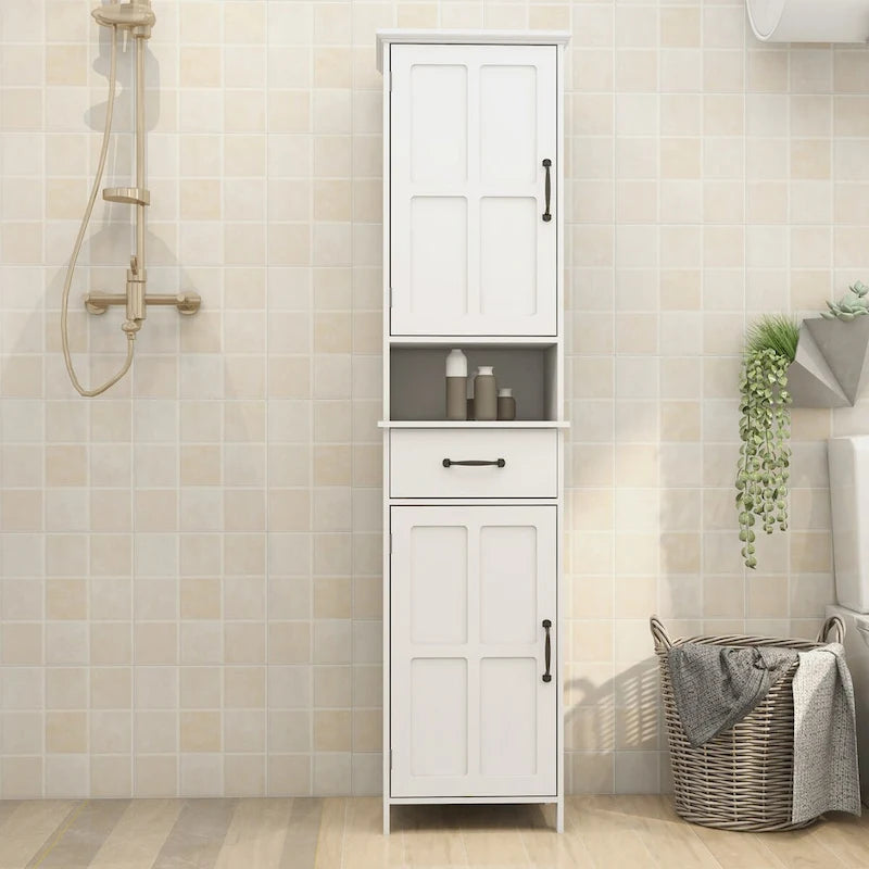Hoher Badezimmerschrank, schmaler Hochschrank mit Doppeltür, schlanker Stehschrank