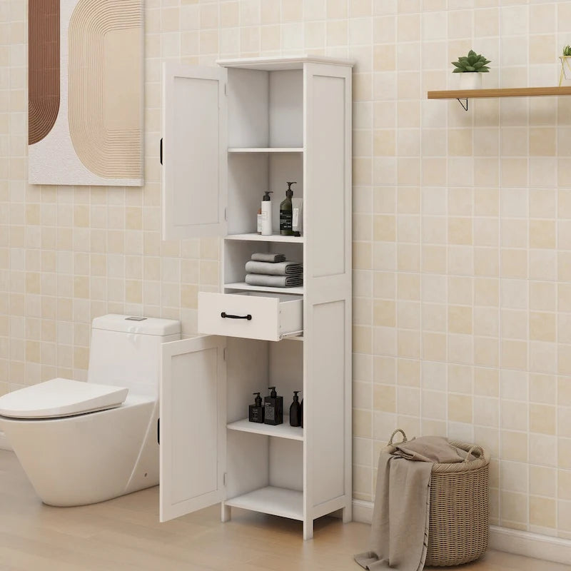 Hoher Badezimmerschrank, schmaler Hochschrank mit Doppeltür, schlanker Stehschrank