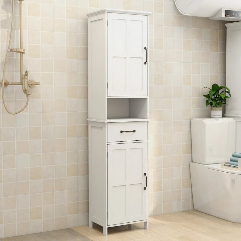 Hoher Badezimmerschrank, schmaler Hochschrank mit Doppeltür, schlanker Stehschrank