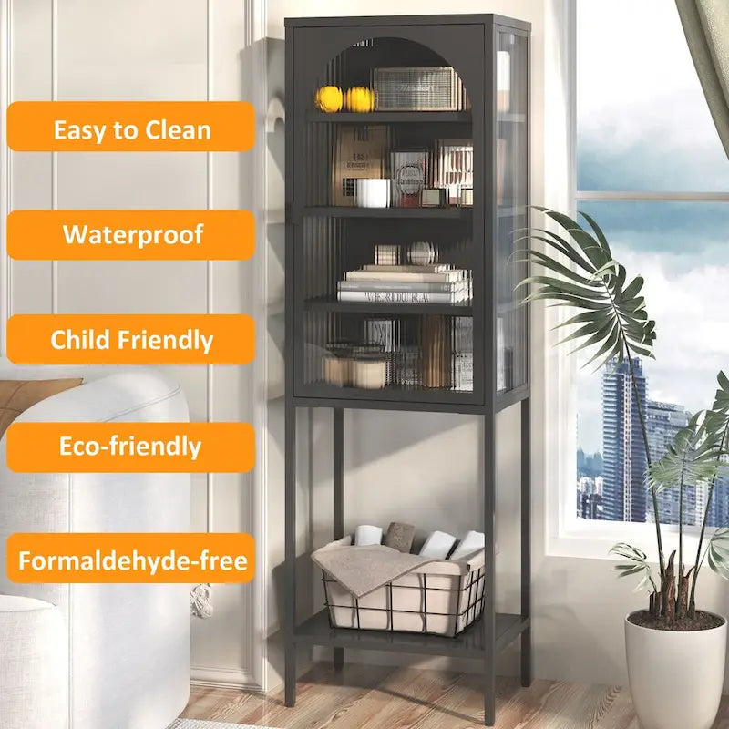 Metal Glass Door Display Storage Cabinet - 5-Tier Cube Bookshelf Storage Cabinet with 3 Adjustable Shelves